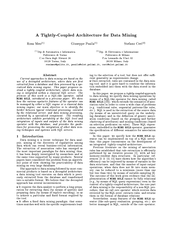 (PDF) A tightlycoupled architecture for data mining Rosa Meo