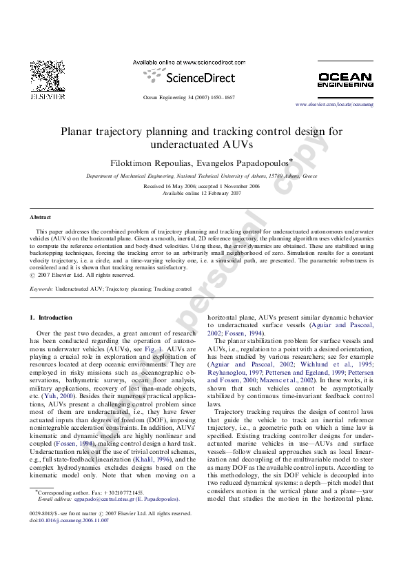 (PDF) Planar trajectory planning and tracking control design for ...