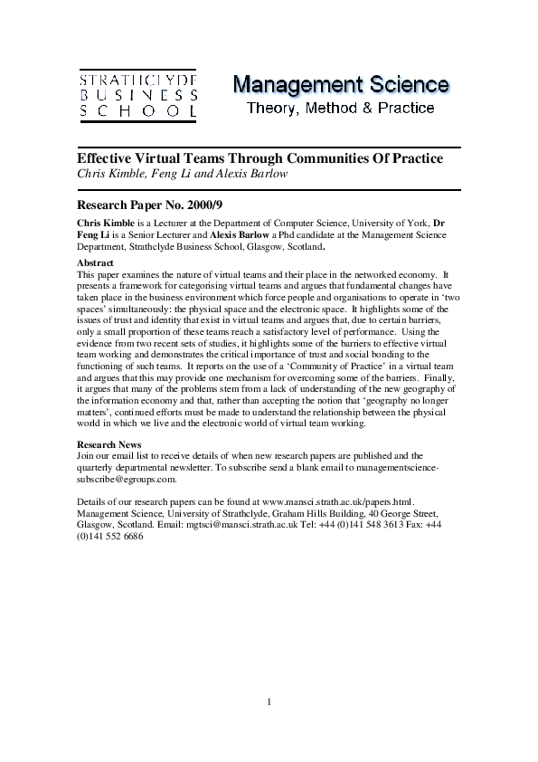 (PDF) Effective virtual working through communities of practice