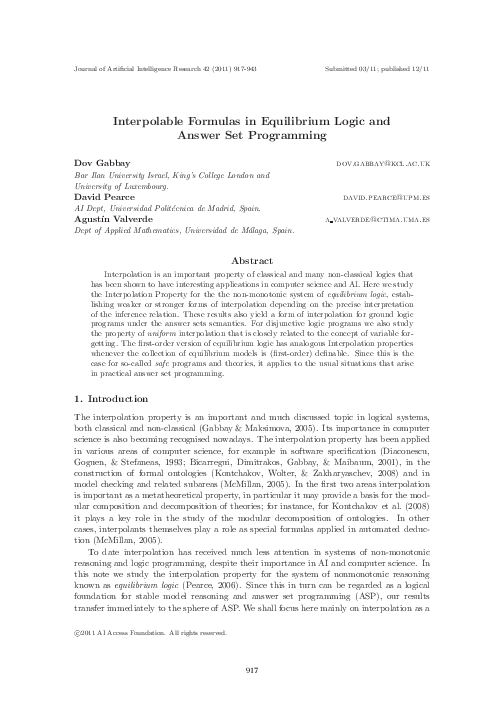 (PDF) Interpolable formulas in equilibrium logic and answer set programming