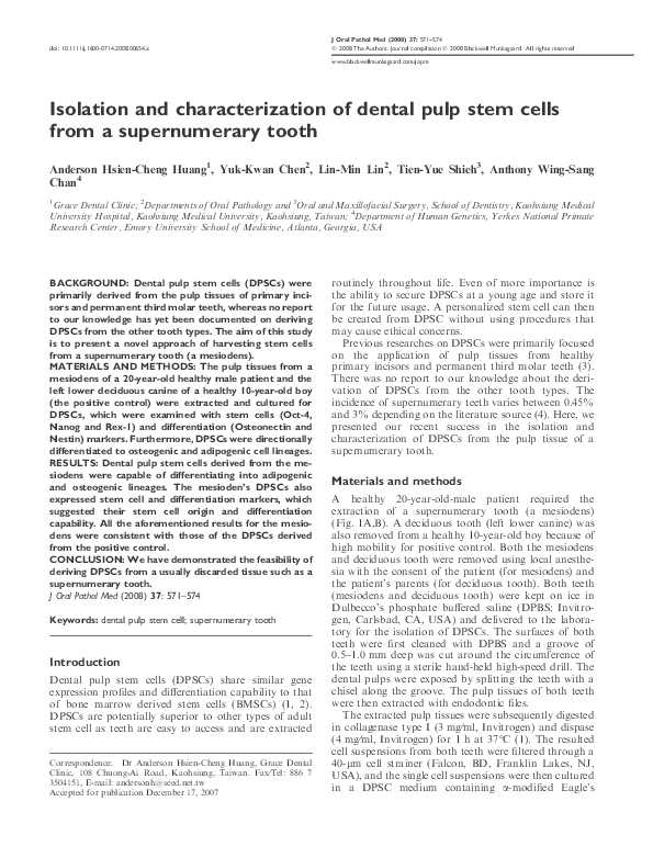 (PDF) Isolation and characterization of dental pulp stem cells from a ...