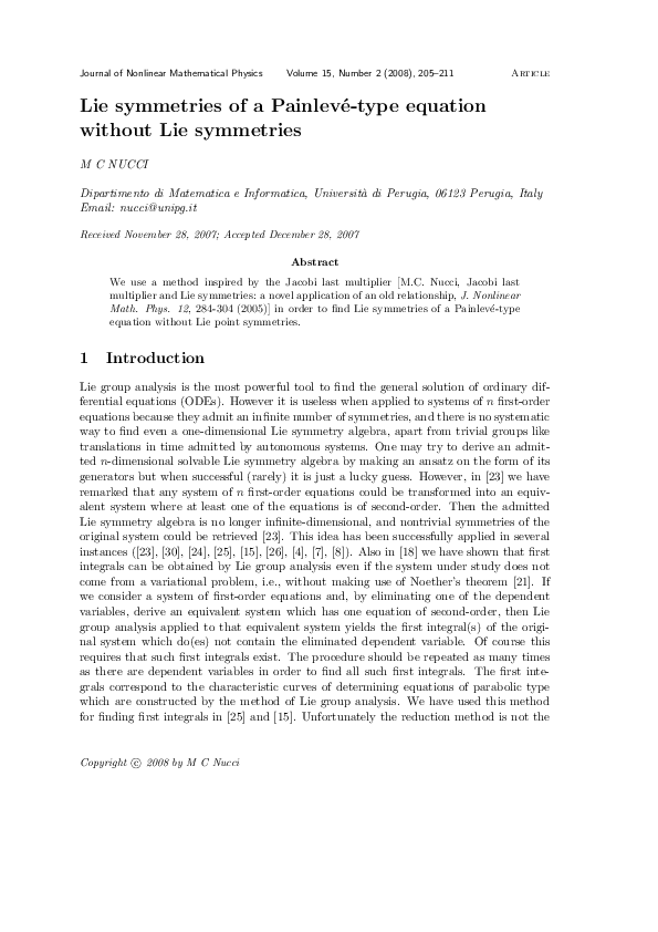  PDF Lie Symmetries Of A Painlev type Equation Without Lie Symmetries 