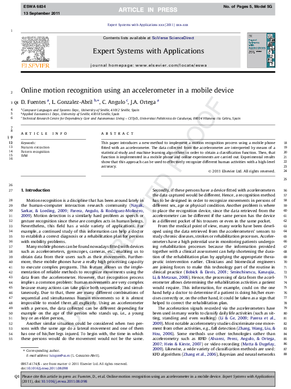 Pdf Online Motion Recognition Using An Accelerometer In A Mobile Device