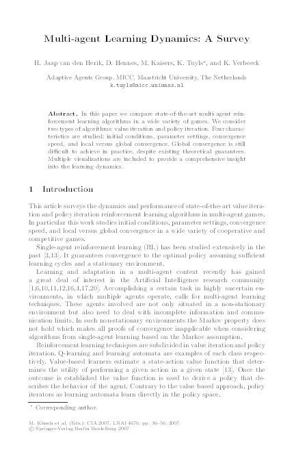 (PDF) Multi-agent learning dynamics: A survey