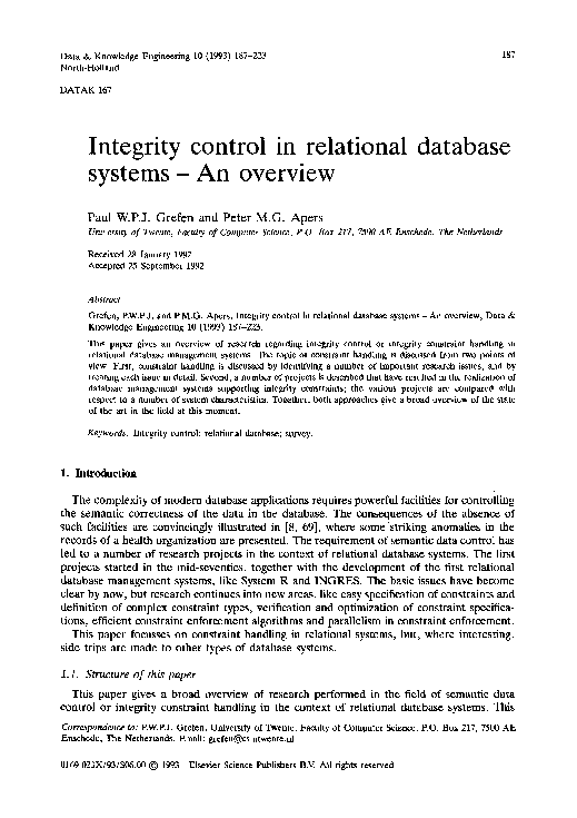 (PDF) Integrity control in relational database systems—An overview