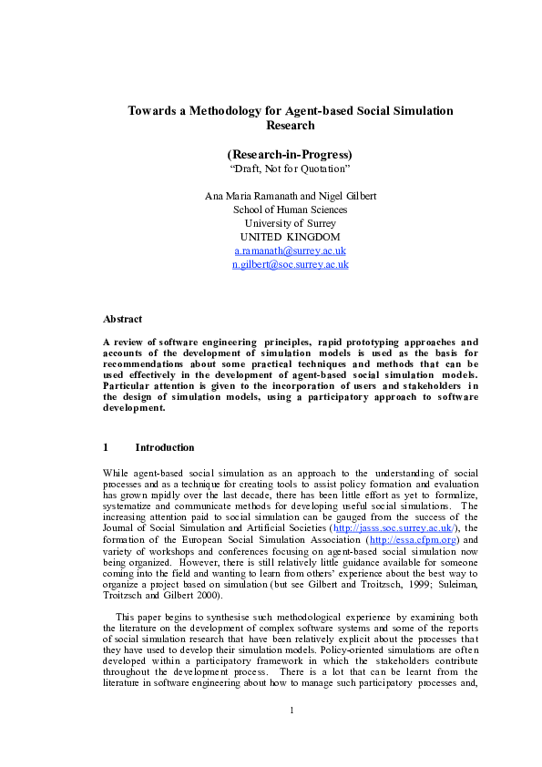 (PDF) Towards a Methodology for Agentbased Social Simulation Research