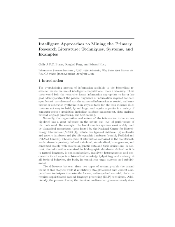 (PDF) Intelligent approaches to mining the primary research literature ...