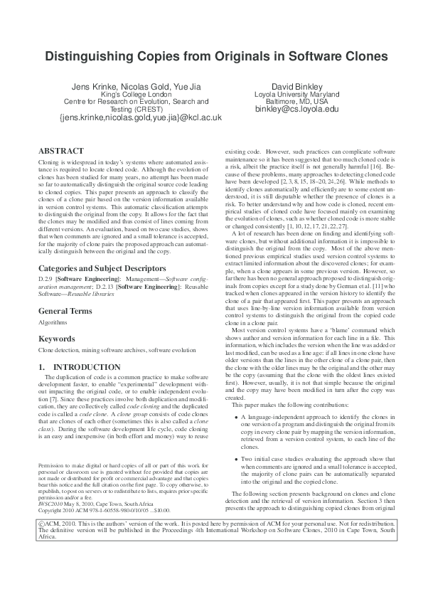 (PDF) Distinguishing copies from originals in software clones