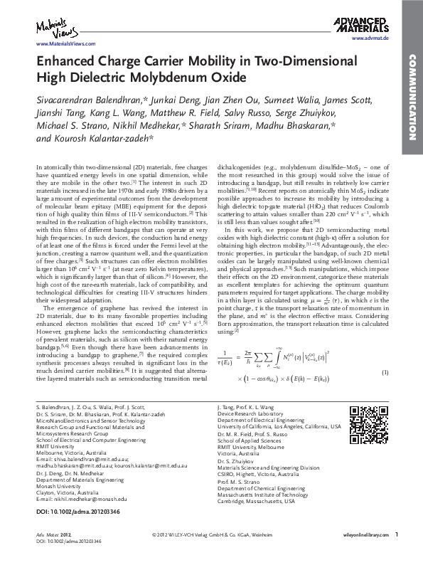 (PDF) Enhanced Charge Carrier Mobility in Two‐Dimensional High ...