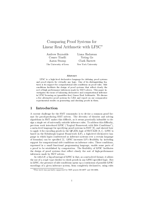 (PDF) Comparing proof systems for linear real arithmetic with LFSC
