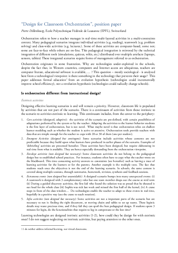 (PDF) “Design for Classroom Orchestration”, position paper Pierre