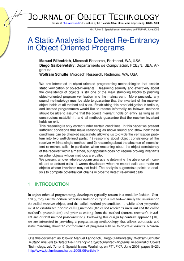 (PDF) A static analysis to detect re-entrancy in object oriented programs