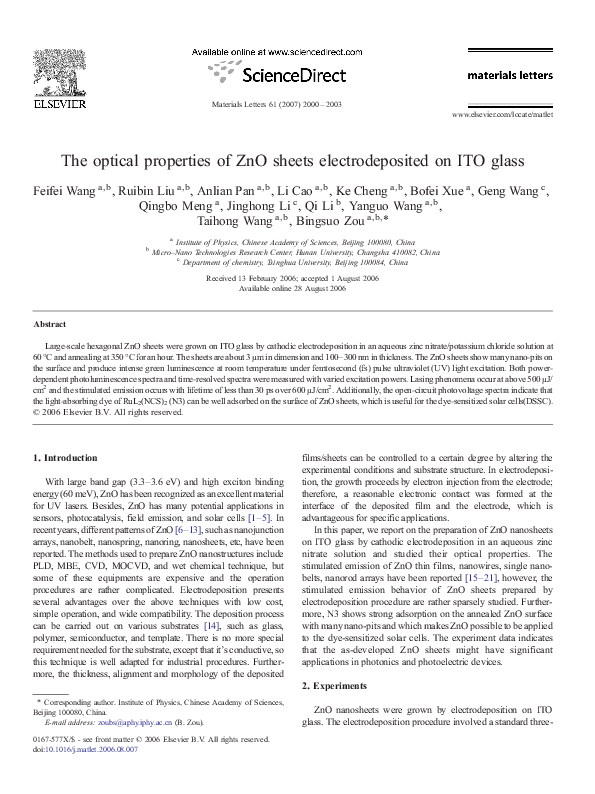 (PDF) The optical properties of ZnO sheets electrodeposited on ITO glass