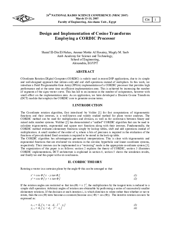 (PDF) Design and Implementation of Cosine Transforms Employing a CORDIC ...
