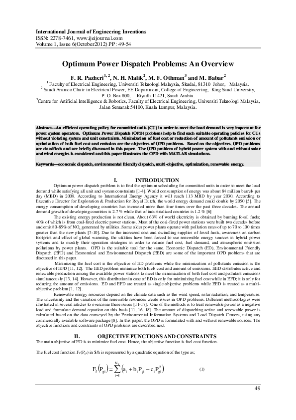 (PDF) Optimum Power Dispatch Problems: An Overview