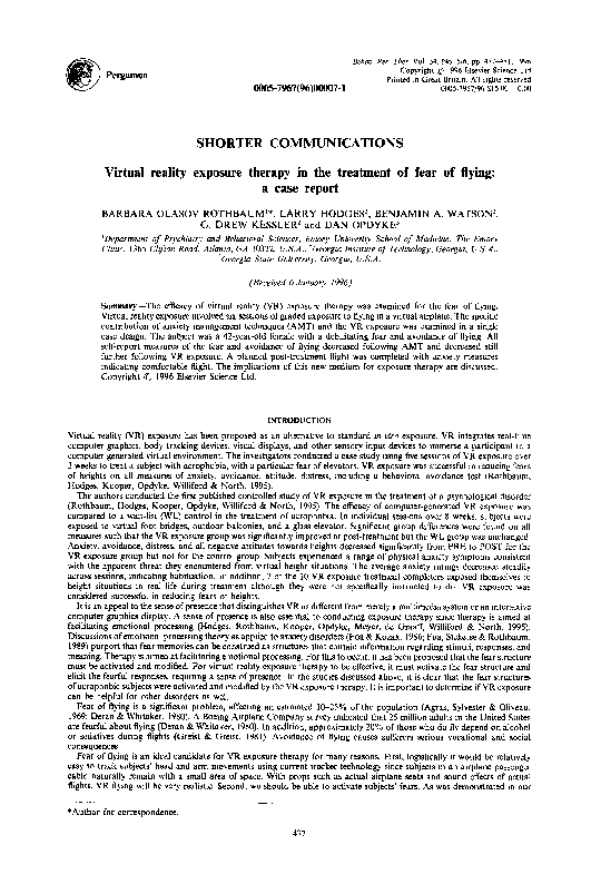 (PDF) Virtual reality exposure therapy in the treatment of fear of