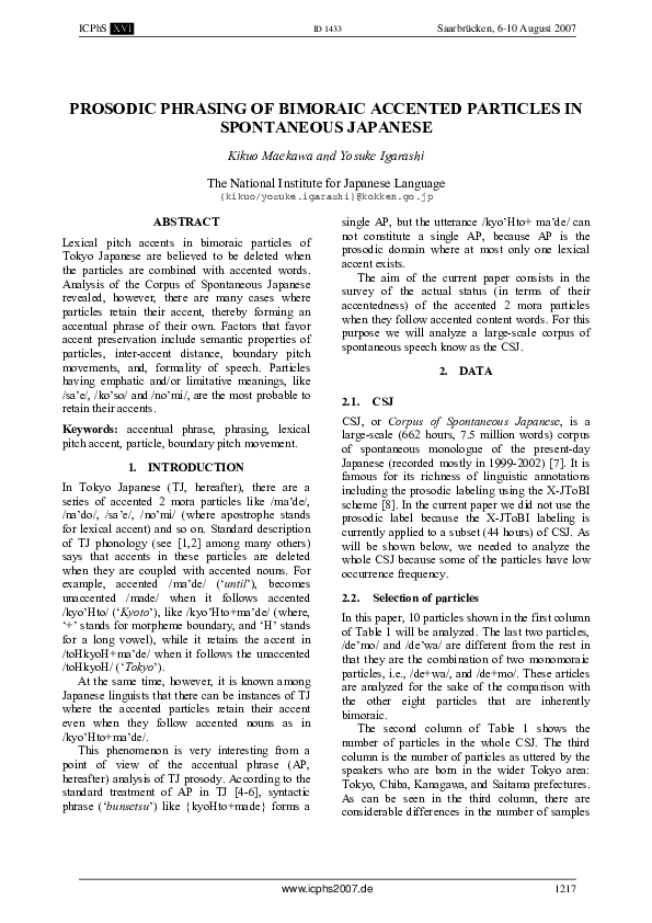 (PDF) Prosodic phrasing of bimoraic accented particles in spontaneous ...