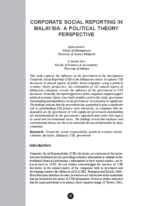 (PDF) Corporate social reporting in Malaysia: a political theory ...