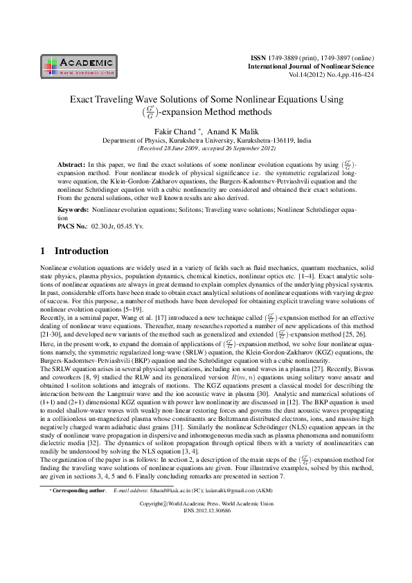 (PDF) Exact Traveling Wave Solutions of Some Nonlinear Equations Using