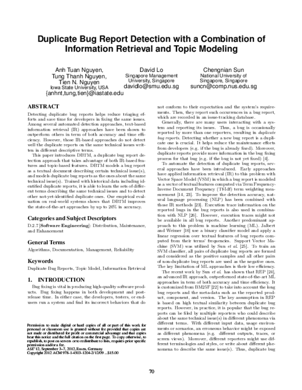 (PDF) Duplicate bug report detection with a combination of information ...