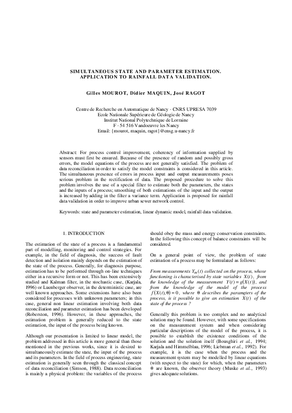 (PDF) Simultaneous state and parameter estimation. Application to ...