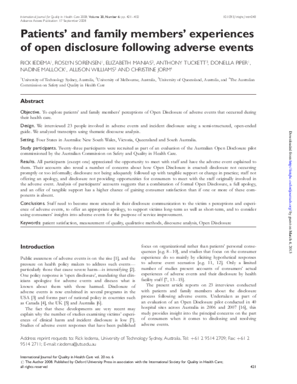 (PDF) Patients' and family members' experiences of open disclosure ...