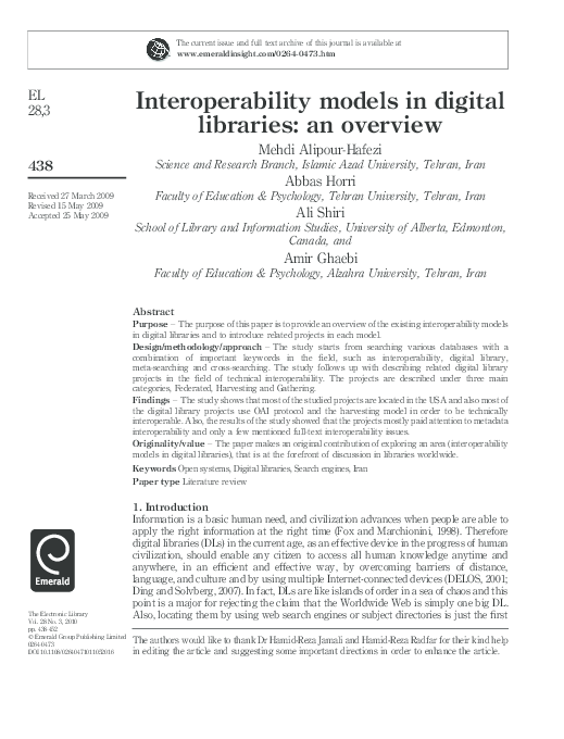 (PDF) Interoperability models in digital libraries: an overview