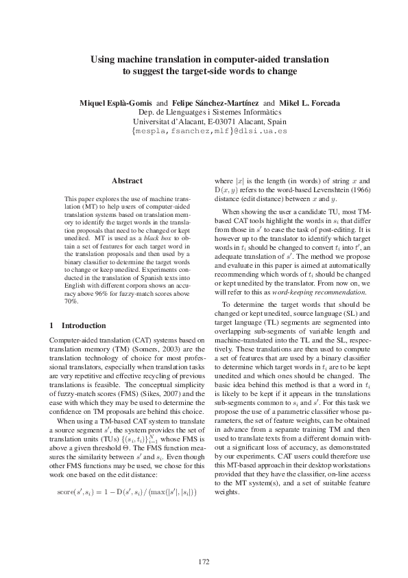 (PDF) Using machine translation in computer-aided translation to ...