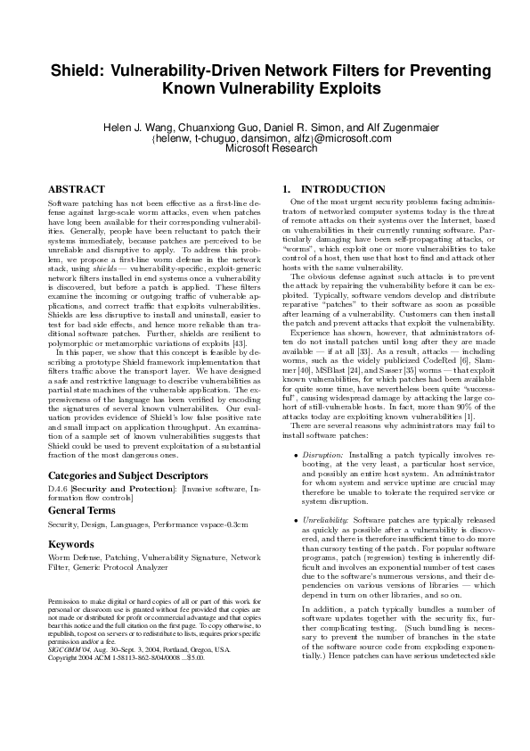 (PDF) Shield: Vulnerability-driven network filters for preventing known ...