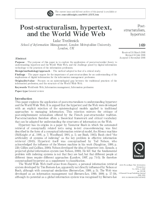 (PDF) Post-structuralism, hypertext, and the World Wide Web