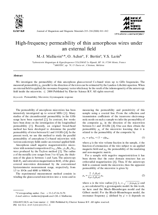 (PDF) High-frequency permeability of thin amorphous wires under an ...