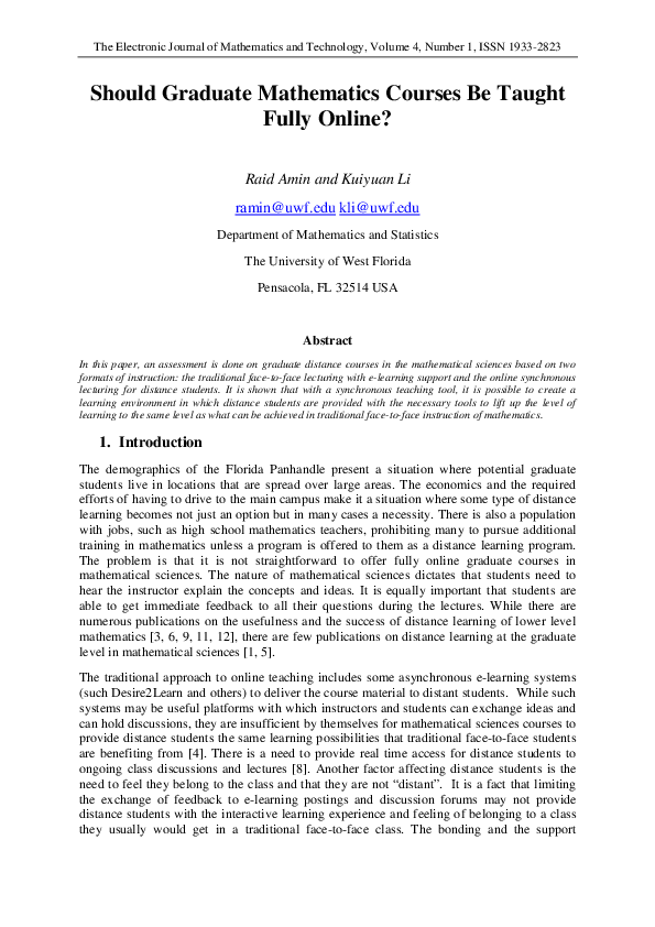 (PDF) Should Graduate Mathematics Courses Be Taught Fully Online?