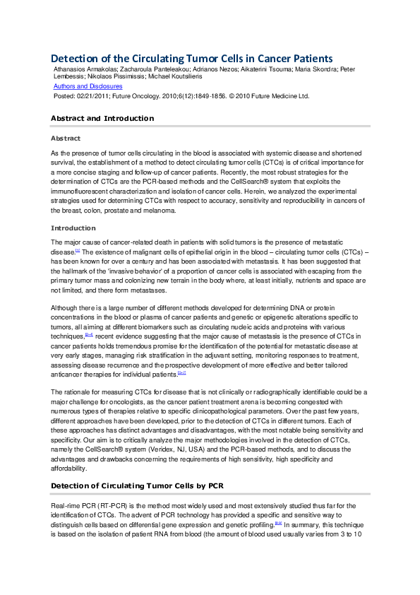 (PDF) Detection of the circulating tumor cells in cancer patients
