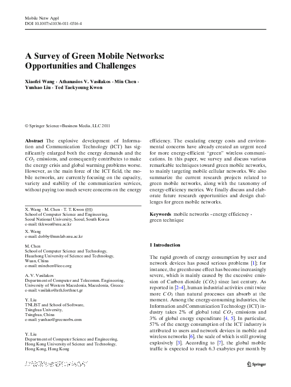 (PDF) A Survey of Green Mobile Networks: Opportunities and Challenges, ACM