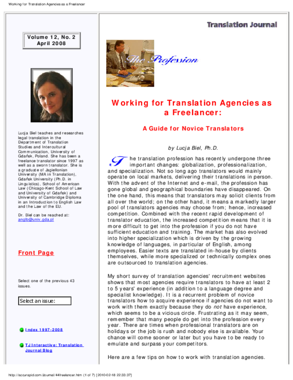 (PDF) Working for Translation Agencies as a Freelancer A Guide for