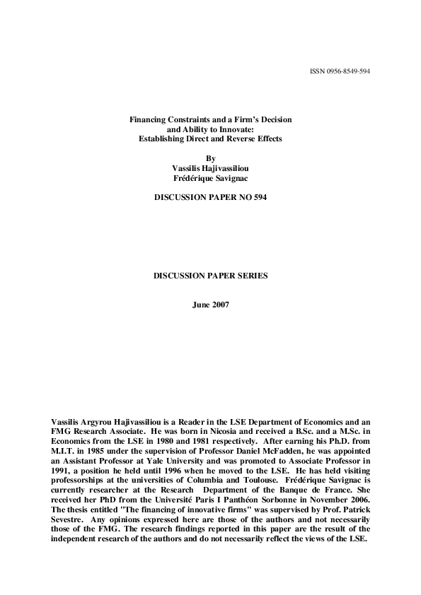 Pdf Financing Constraints And A Firm S Decision And Ability To Innovate Establishing Direct And Reverse Effects Vassilis Hajivassiliou Academia Edu
