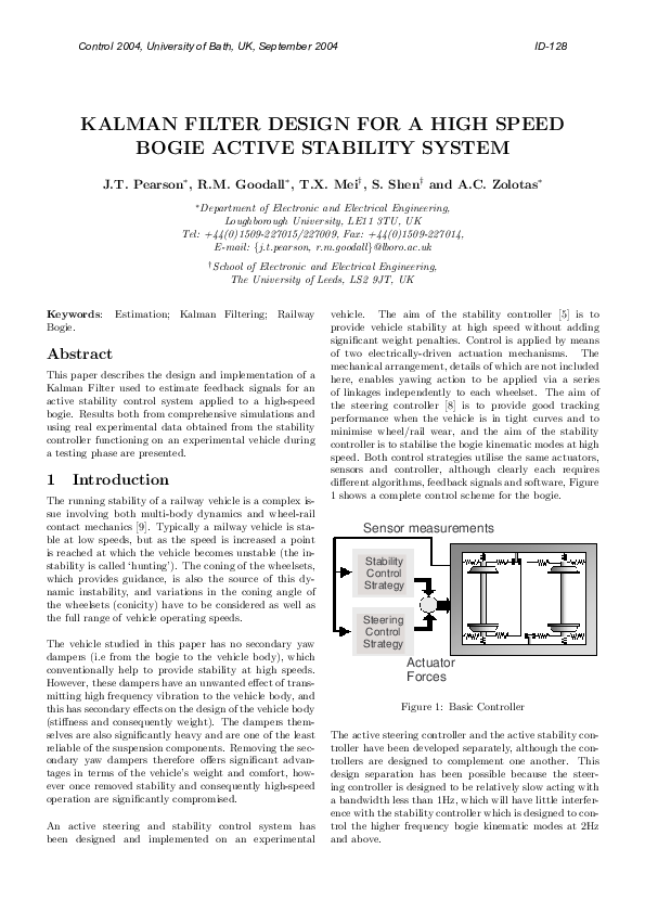 (PDF) Kalman Filter Design for a High Speed Bogie Active Stability System