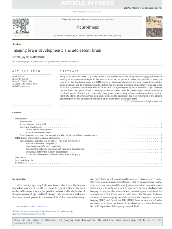 (PDF) Imaging brain development: The adolescent brain