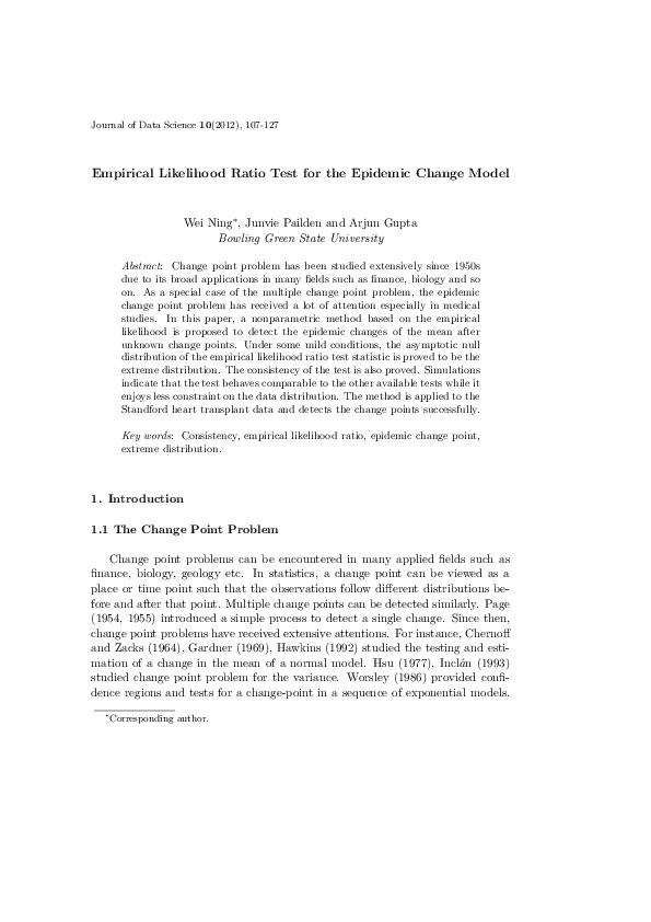 (PDF) Empirical Likelihood Ratio Test for the Epidemic Change Model