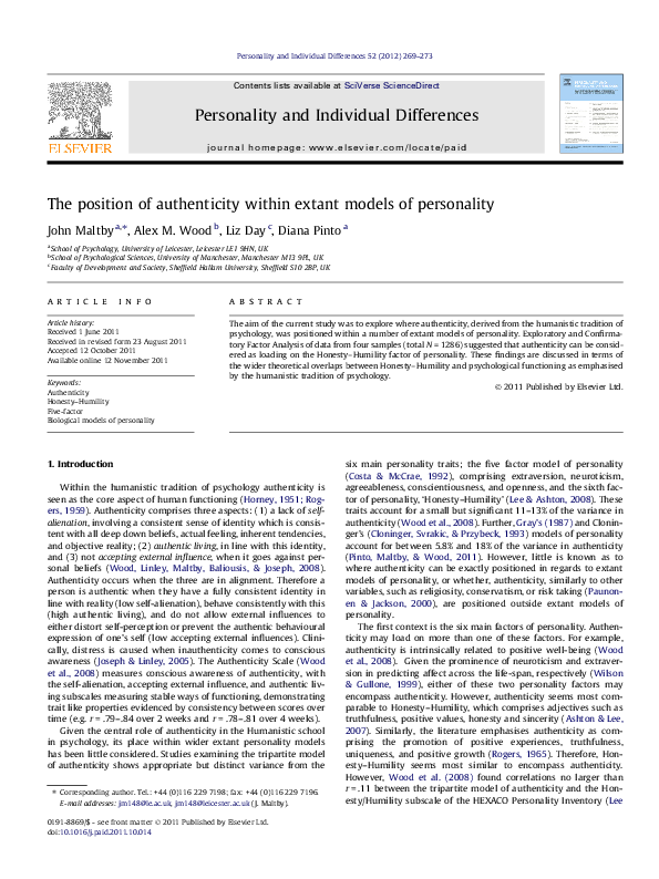 (PDF) The position of authenticity within extant models of personality