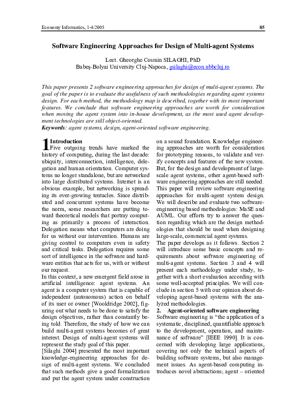 (PDF) Software Engineering Approaches for Design of Multi-agent Systems