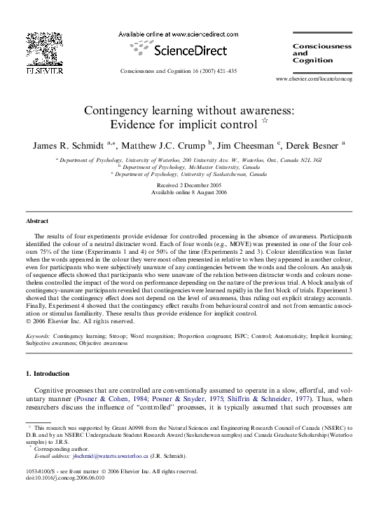 (PDF) Contingency learning without awareness: Evidence for implicit control
