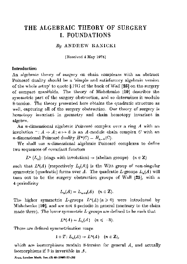 (PDF) The algebraic theory of surgery. I. Foundations