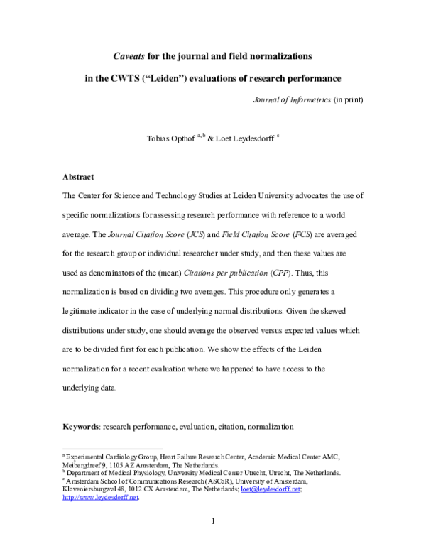 (PDF) Caveats for the journal and field normalizations in the CWTS