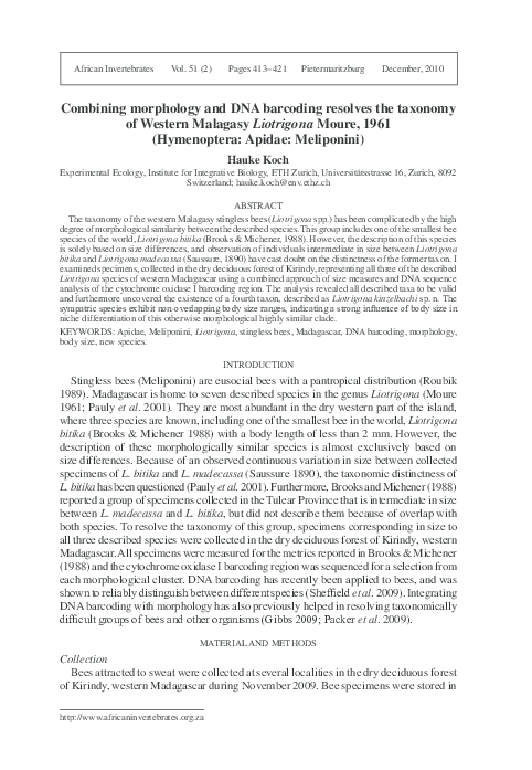 (PDF) Combining morphology and DNA barcoding resolves the taxonomy of ...