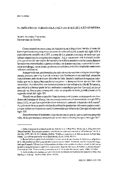 El Señorío de Tobaruela (Jaén) a Fines de la Edad Media. Historia, Instituciones, Documentos. Núm. 31. 2004. Pag. 113-130.