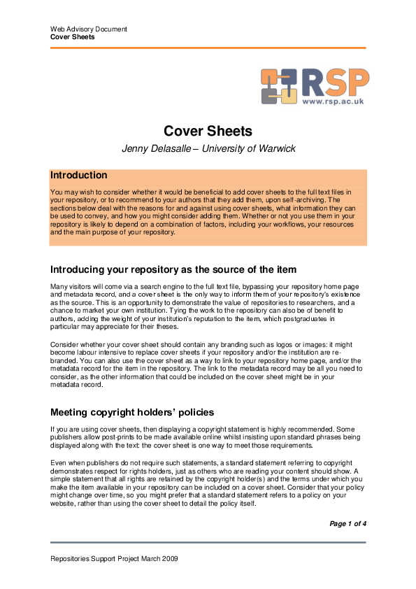 (PDF) Cover Sheets. Jenny Delasalle Academia.edu