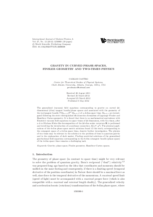(PDF) GRAVITY IN CURVED PHASE-SPACES, FINSLER GEOMETRY AND TWO-TIMES ...