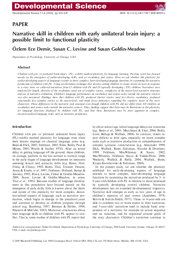 (PDF) Narrative skill in children with early unilateral brain injury: a ...