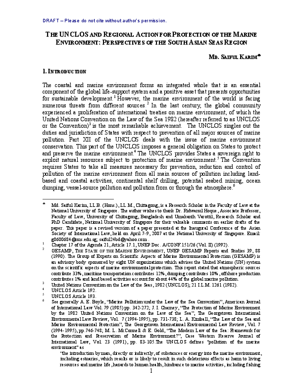 (PDF) UNCLOS and Regional Action for Protection of the Marine ...